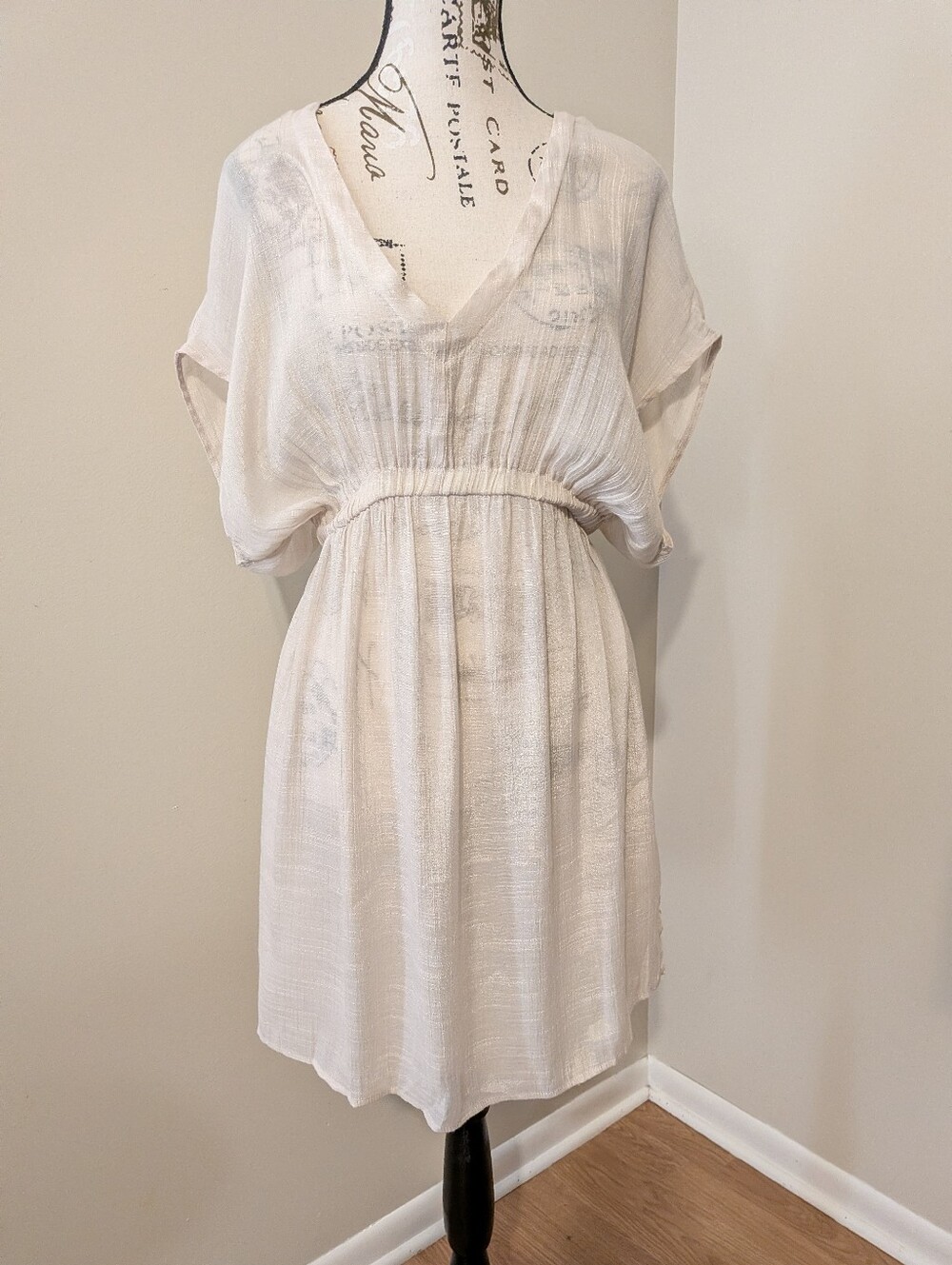Cupshe Beige Cream Large Vnevk Cover Up Dress Dolam Sleeve Elastic Waist Rayon